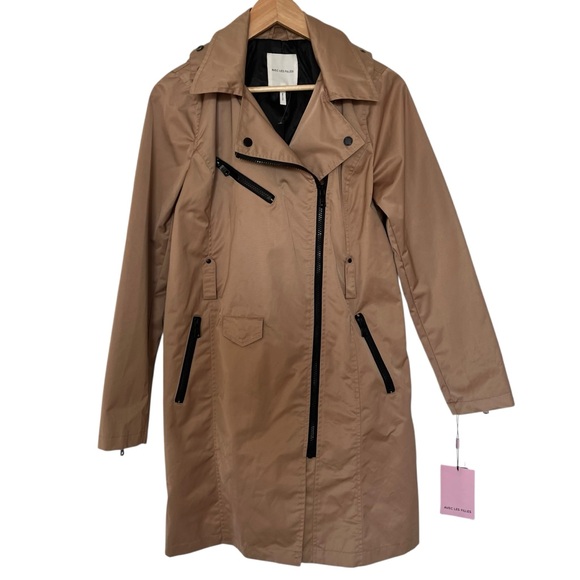 NWT Avec Les Filles Belted Moto Water Resistant Rain Trench Coat Camel Tan‎ SZ S